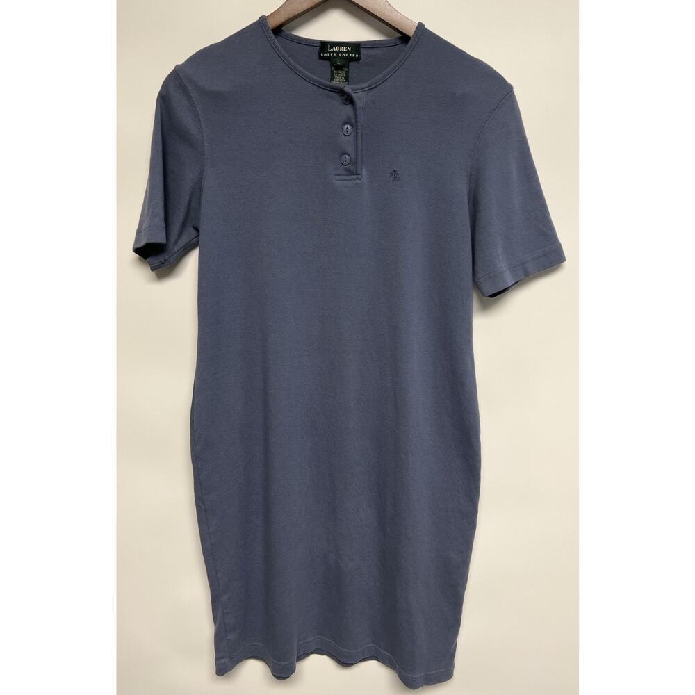 RALPH LAUREN VINTAGE Large Classic Midi T-Shirt Henley Dress Preppy Blue Tennis